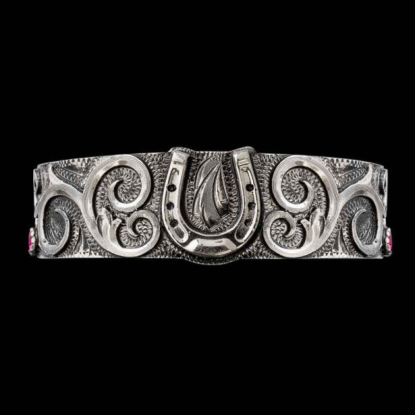 The Patsy Western Cuff Bracelet is a splendid jewelry piece built on a german silver hand engraved with large silver vines and customizable figure. Order it now! 